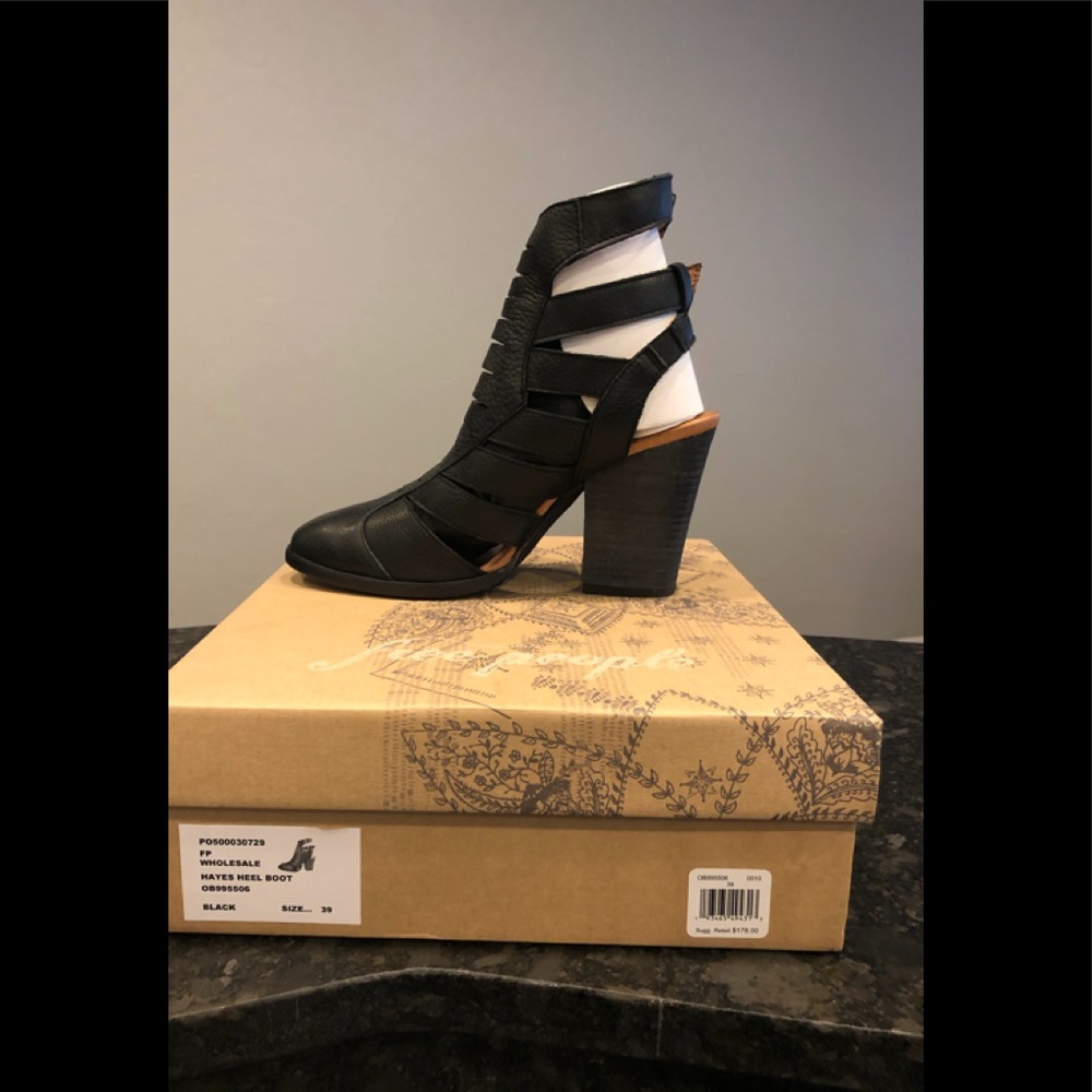 Free People Black Leather Hayes Heel Boot
